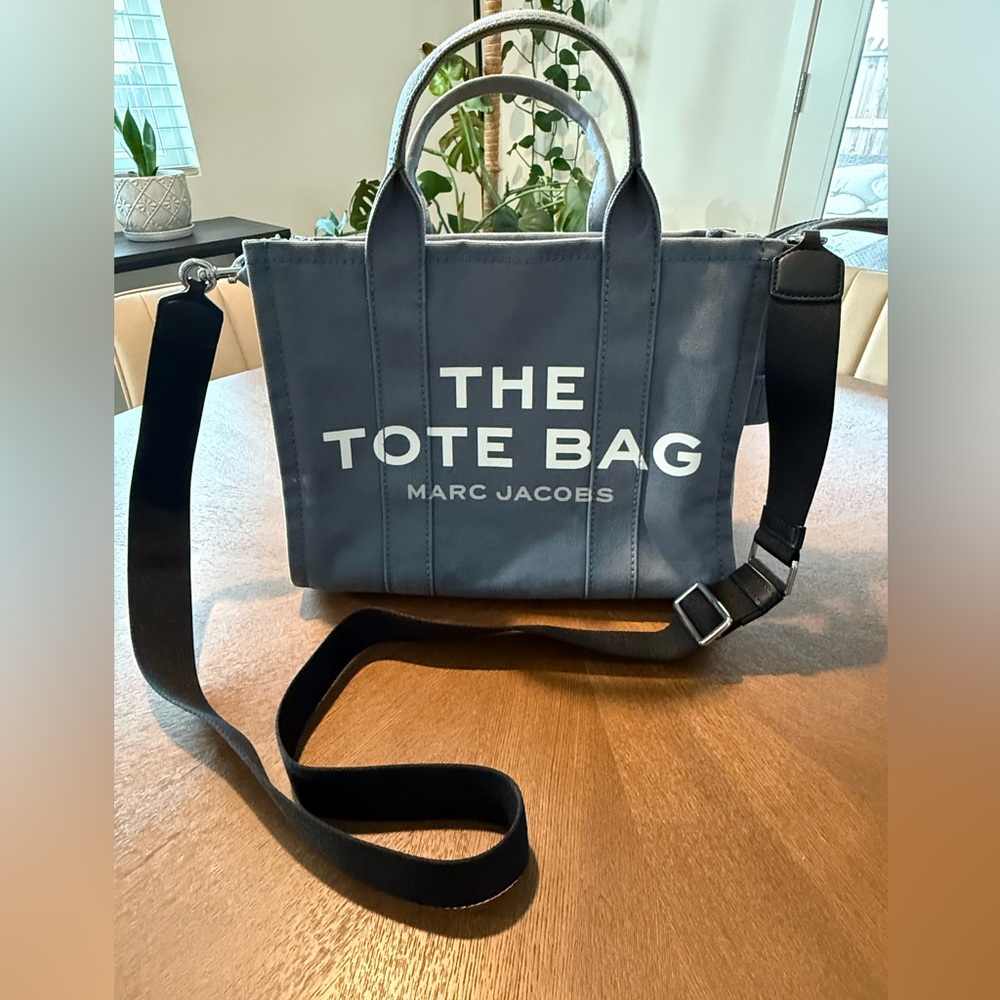 Marc Jacobs Slate Blue Canvas 'The Tote Bag' Logo Tote with Black Strap